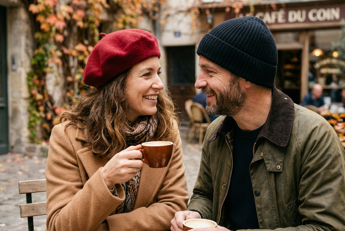 un couple en terrasse avec béret rouge et bonnet noir