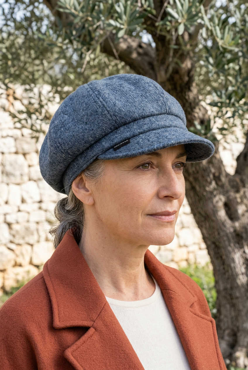 femme dans un jardin portant une casquette gavroche bleu jeans en laine 