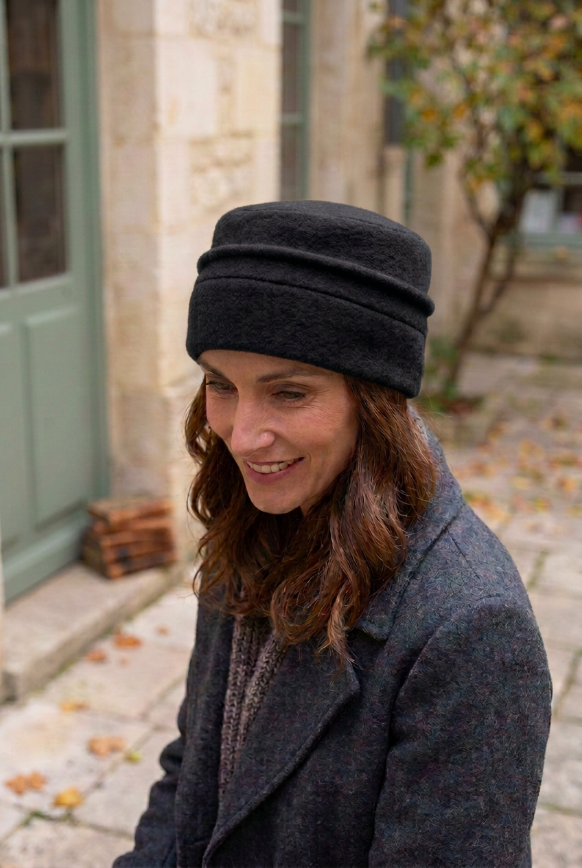 femme dans une cour portant une toque noir en polaire