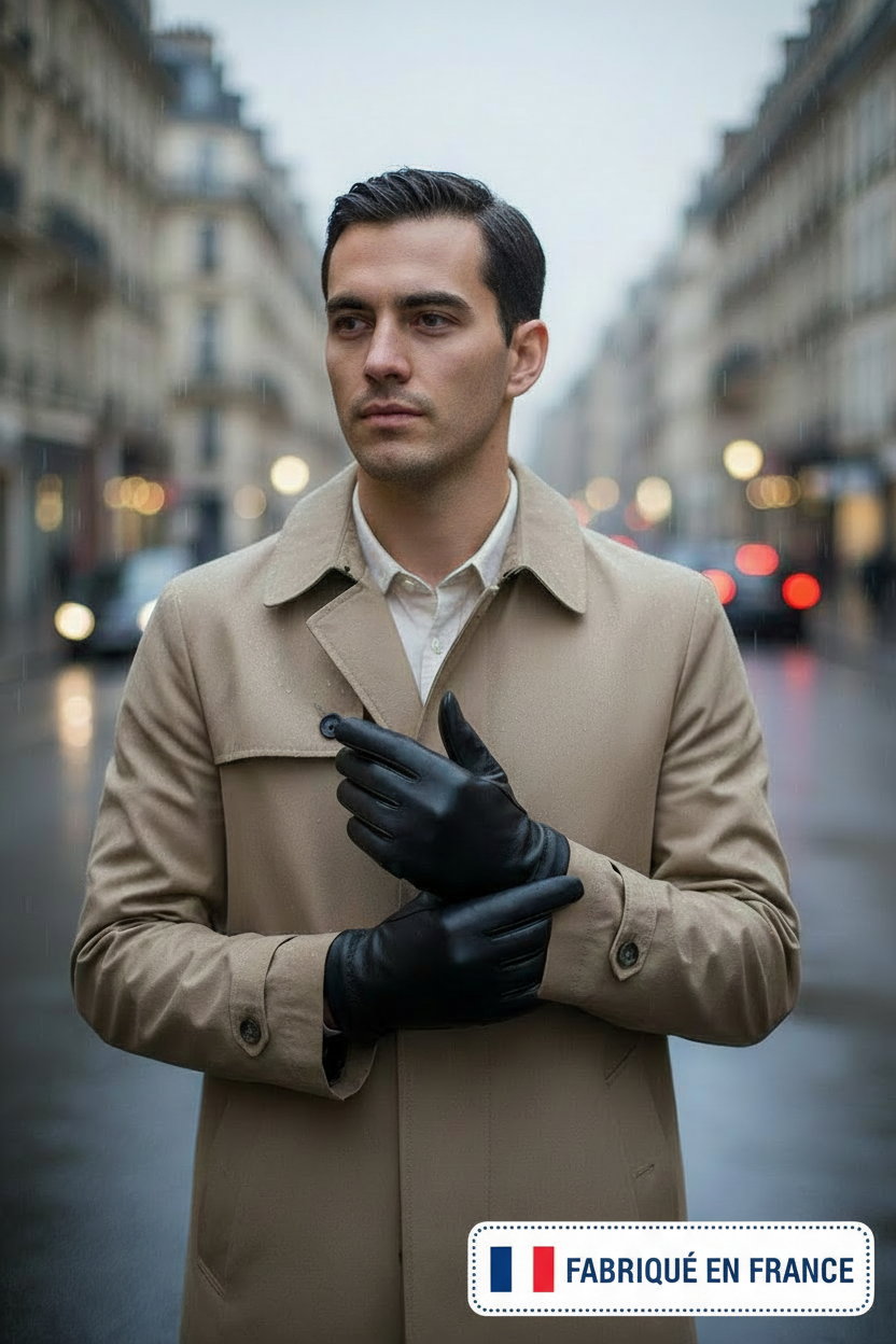 Jeune homme dans la rue qui porte des gants en cuir noir doublés de soie 