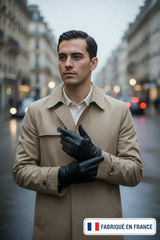 Gants en Cuir et Soie Noir Français