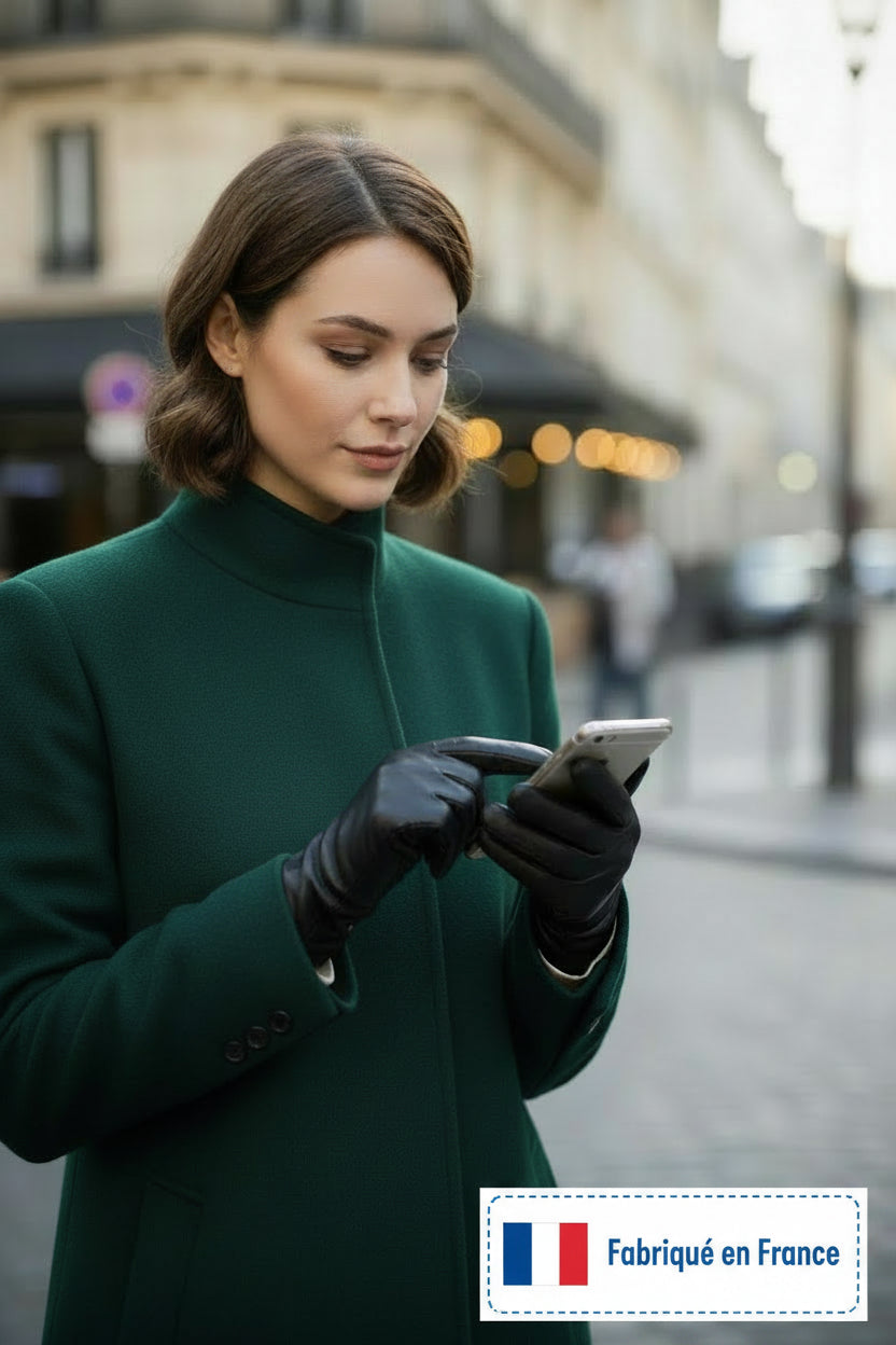 Gants en Cuir tactile et Cachemire Noir Français