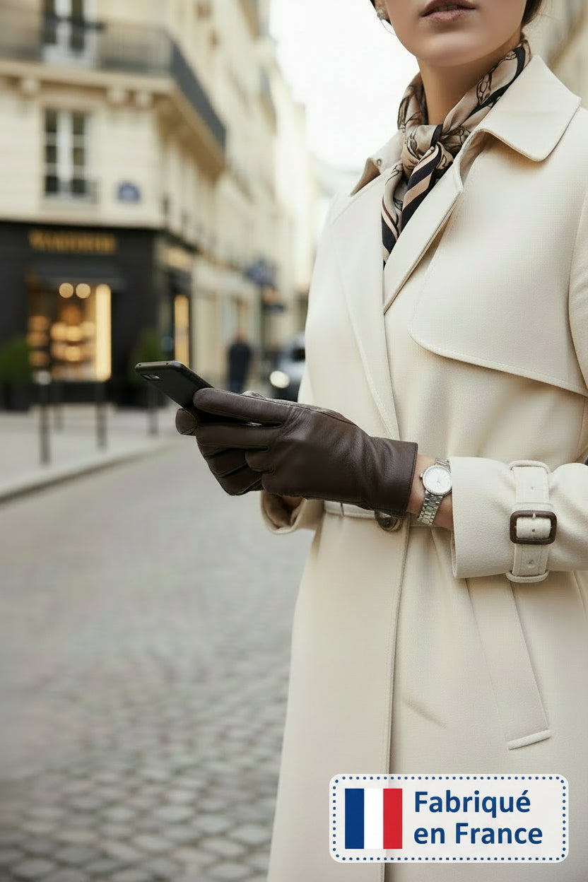 Gants en Cuir Tactile et Cachemire Marron Français