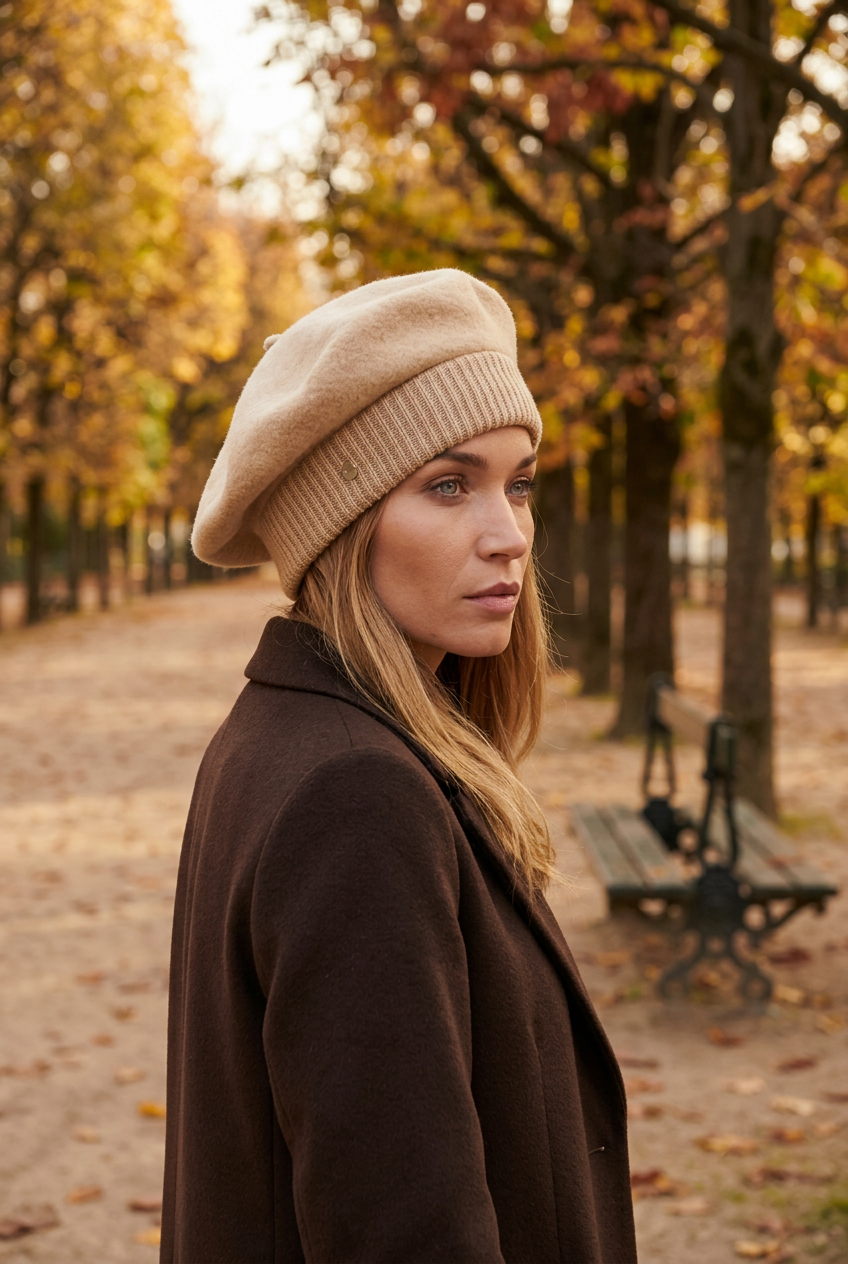 Jeune femme dans un parc qui porte un béret en laine de la marque laulhère qui couvre les oreilles