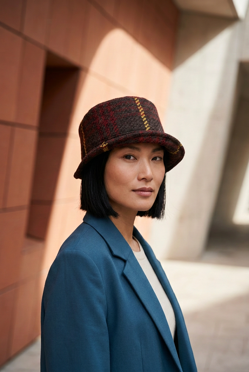 Jeune femme porte un chapeau rétro en tweed marron