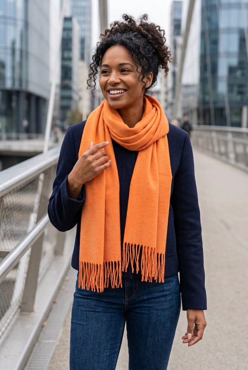 Une jeune femme porte une écharpe large en laine et cachemire de couleur orange