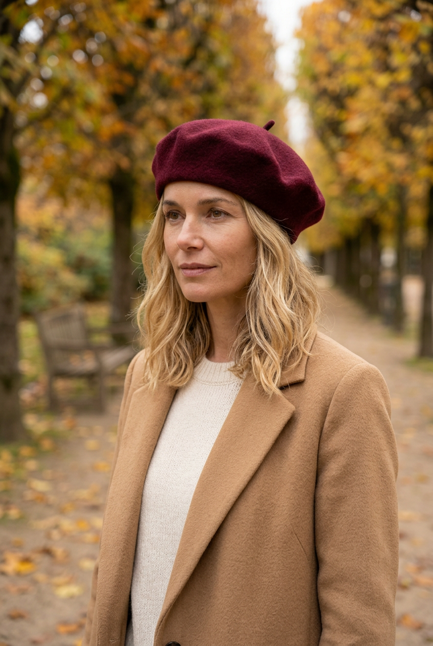 Béret bordeaux porté par une femme dans un jardin d’automne