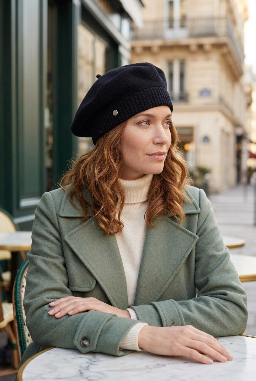 Béret noir porté par une femme à la terrasse d’un café