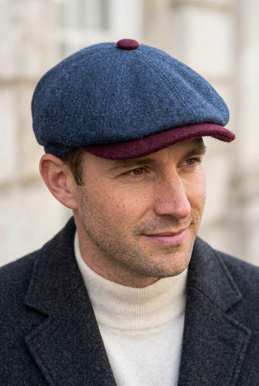 Casquette bleue chinée avec visière et bouton en laine bordeaux