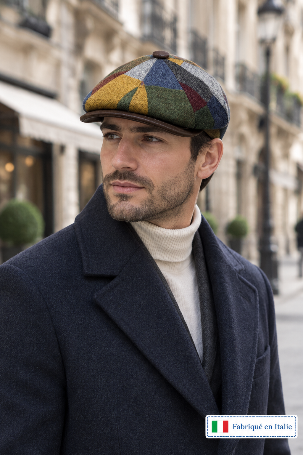 Casquette fabriquée en Italie portée par un homme élégant