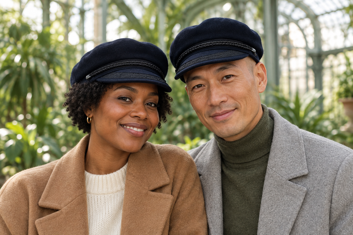 Couple portant la casquette marin dans une serre botanique