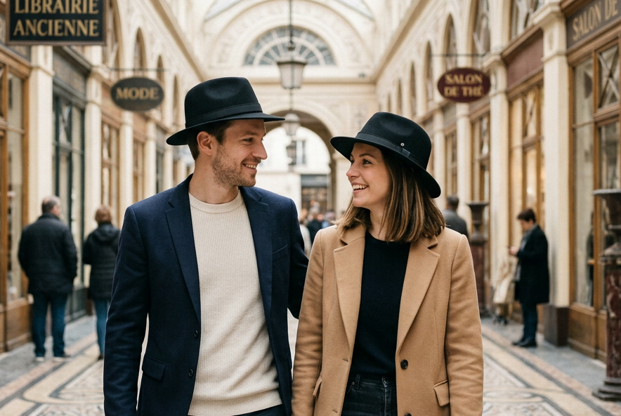 Couple portant le même chapeau noir dans un passage couvert lumineux