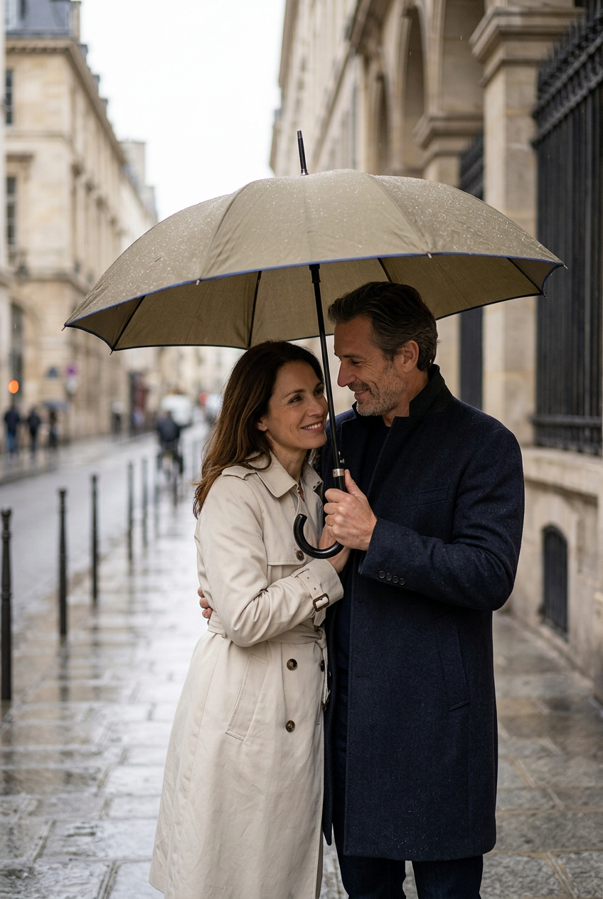 Couple s’abritant sous le parapluie kaki à liseré bleu