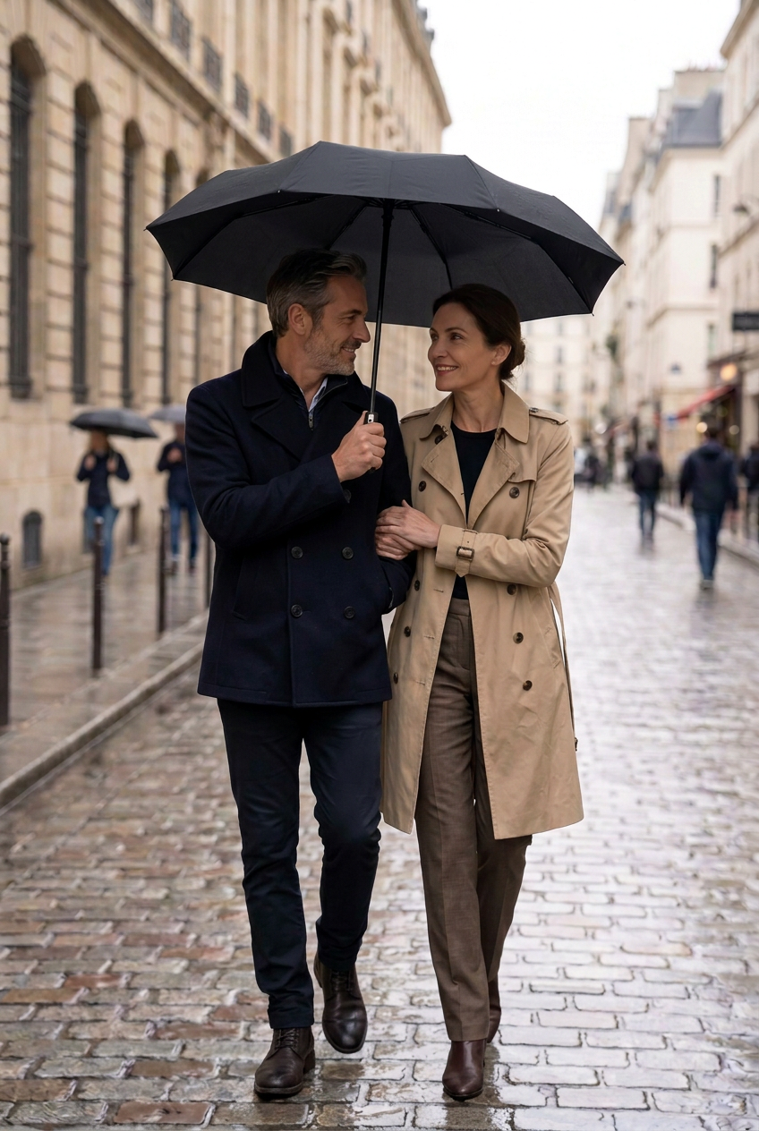 Couple sous un parapluie pliant noir uni
