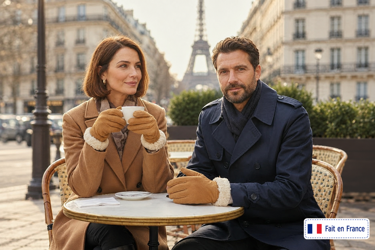 Un homme et une femme en terrasse parisienne qui porte des gants en mouton retourné 