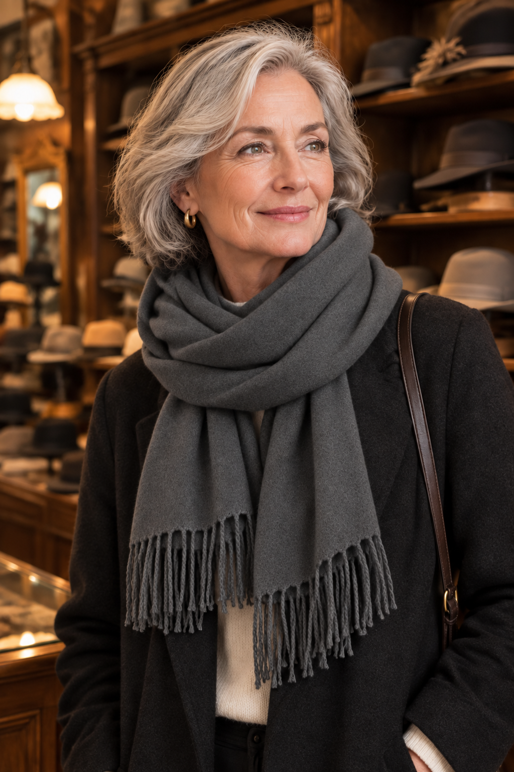 femme agée portant une grosse écharpe en laine et cachemire de couleur grise dans une ancienne boutique de chapeaux