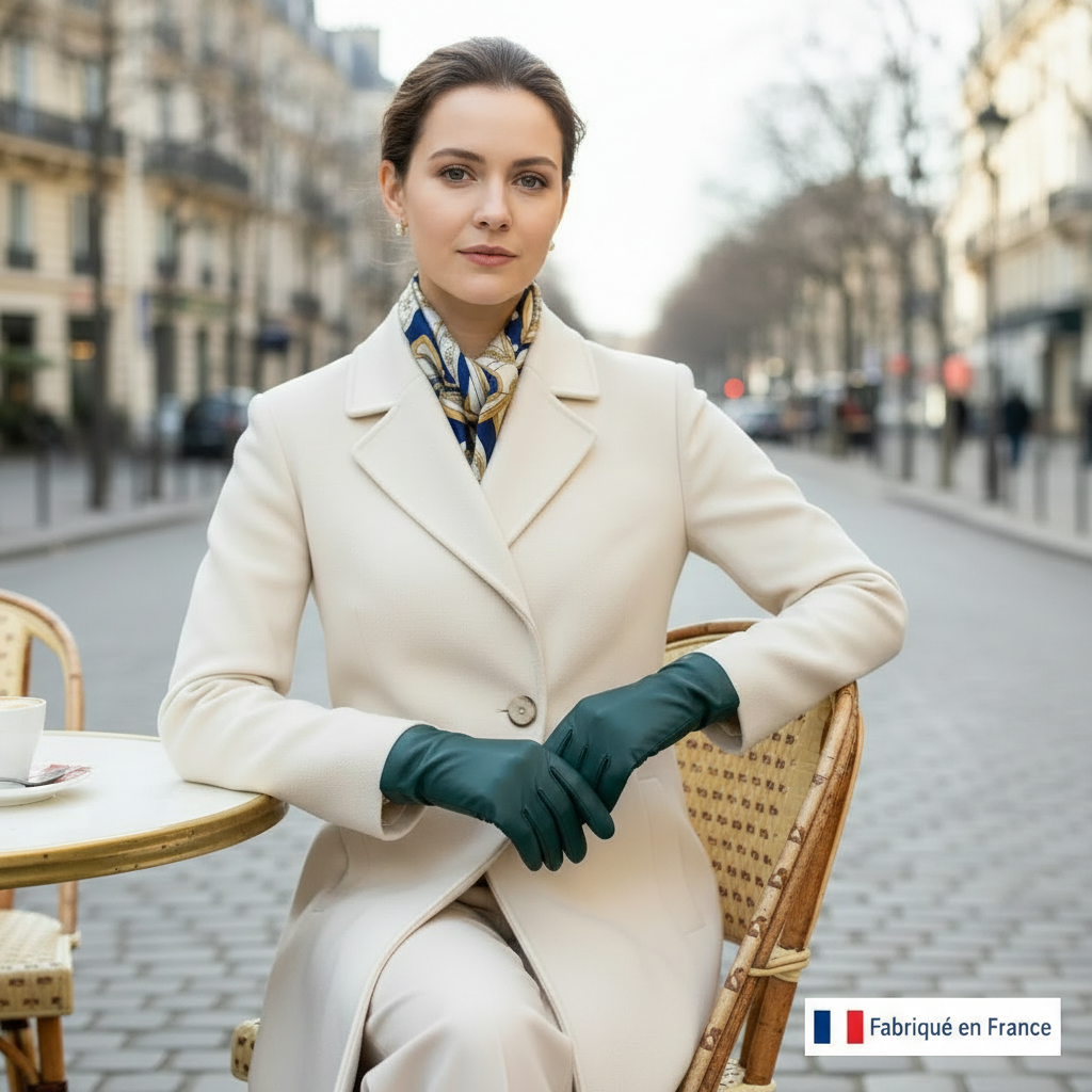 Femme assise en terrasse qui porte des gants en cuir de couleur vert pétrole