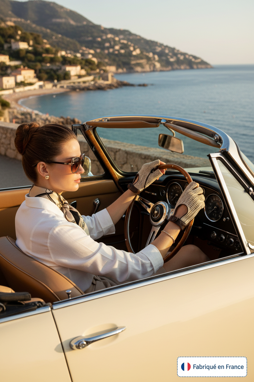 Femme au volant cabriolet vintage avec ces mitaines crochet beige et cuir marron