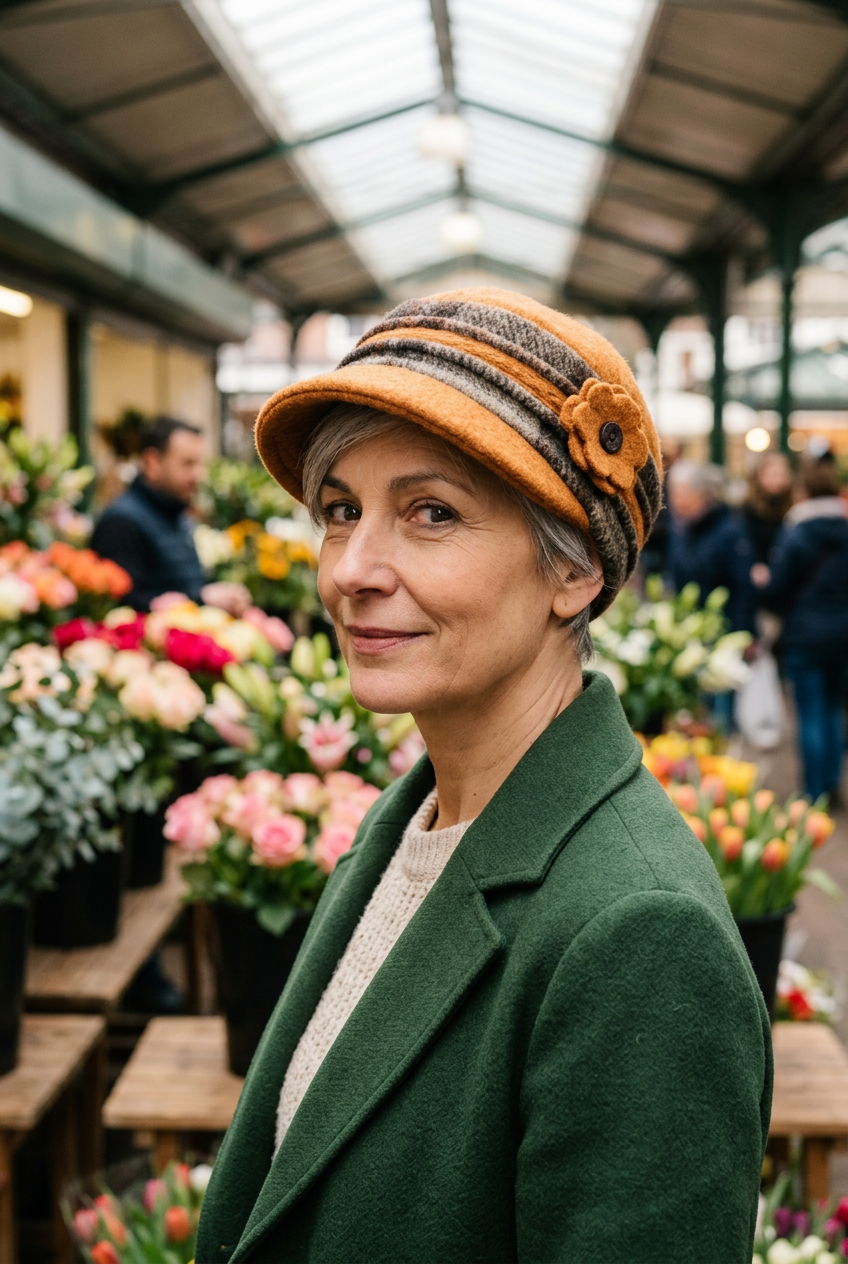 Femme aux cheveux argentés portant la casquette camel au marché aux fleurs