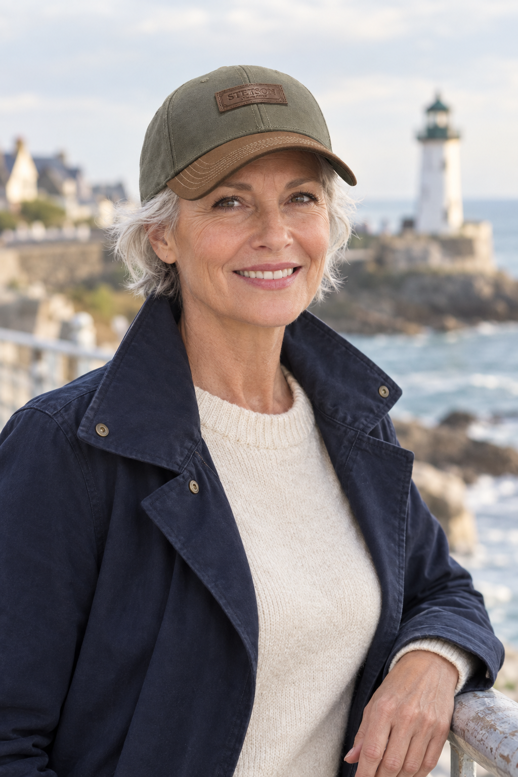 Femme aux cheveux argentés portant la casquette Stetson en bord de mer