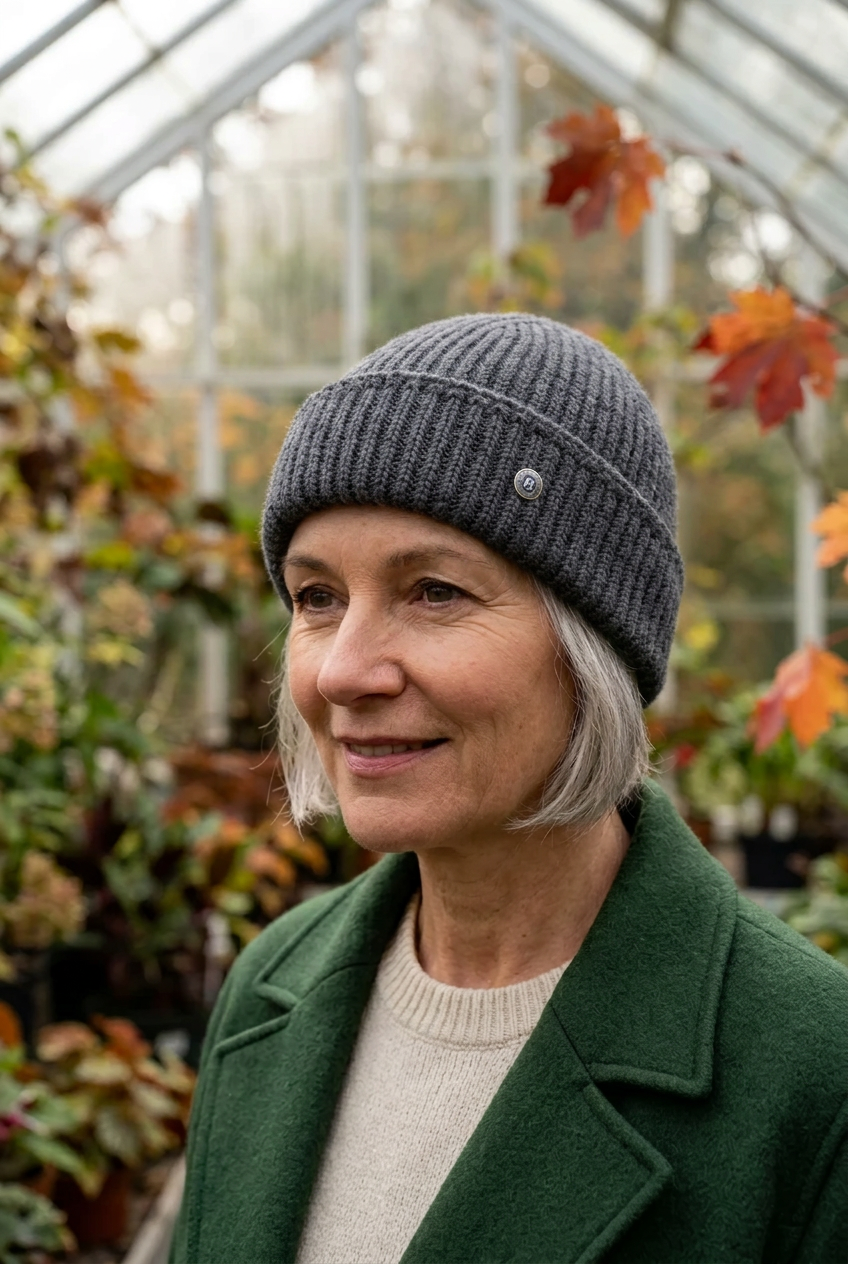 Femme aux cheveux argentés portant le bonnet gris près d’une serre botanique