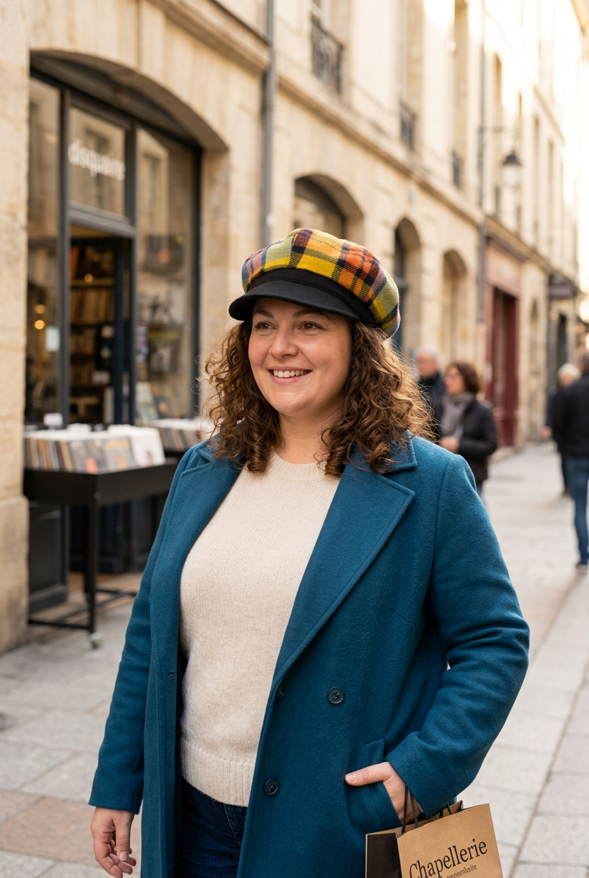 Femme aux formes généreuses portant la gavroche à carreaux multicolores