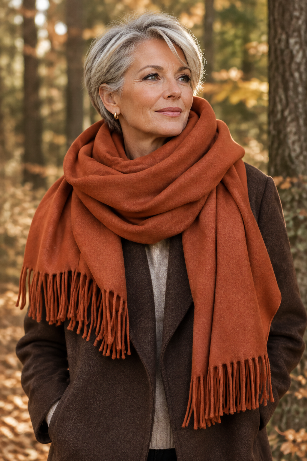 Femme qui porte une écharpe en laine et cachemire de couleur rouille dans la foret