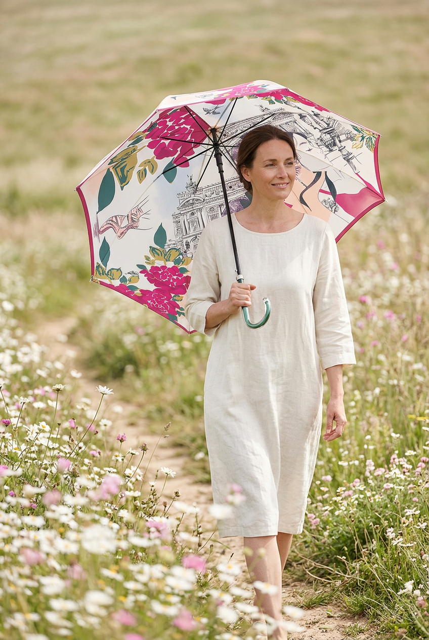 Femme dans une prairie fleurie avec le parapluie Ballerine