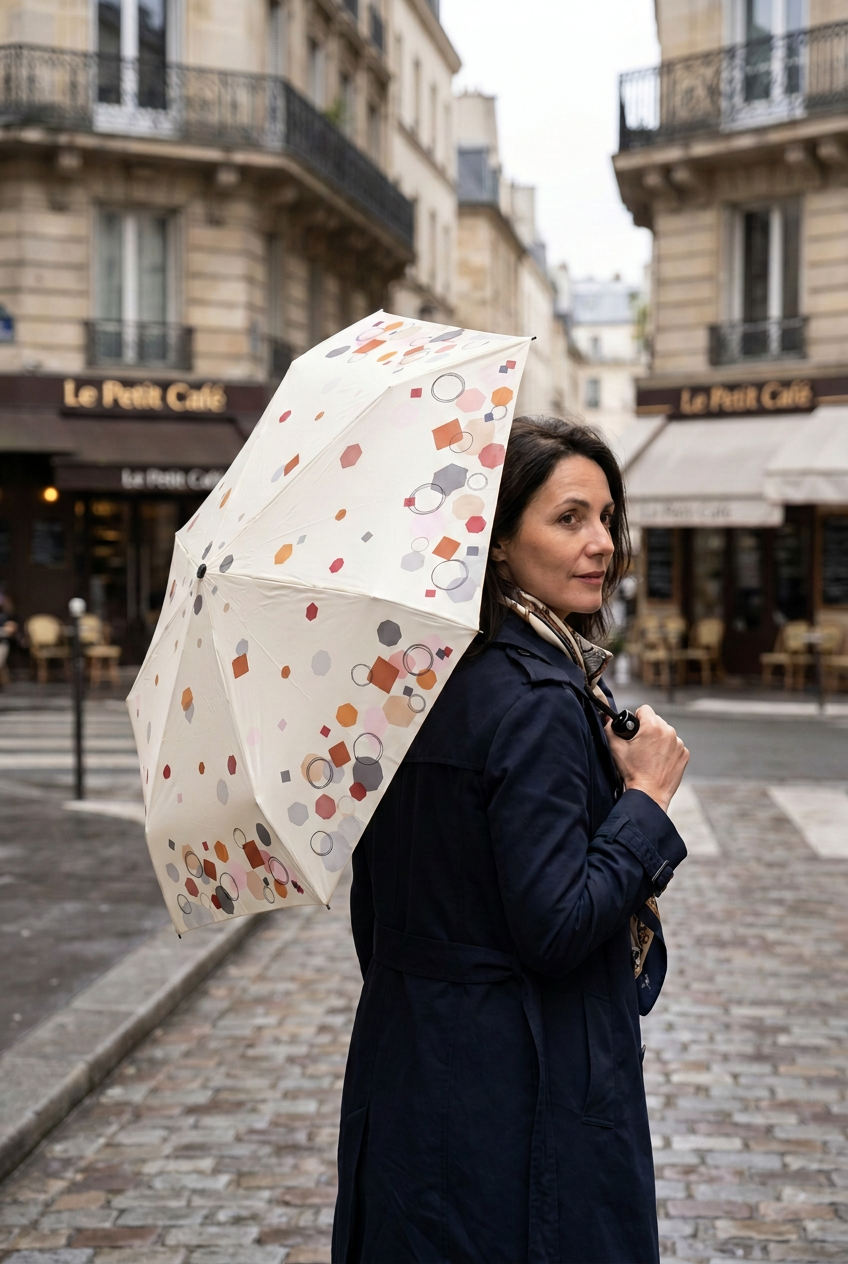 Une femme dans la rue porte un mini parapluie pliante beige au motifs géométrique