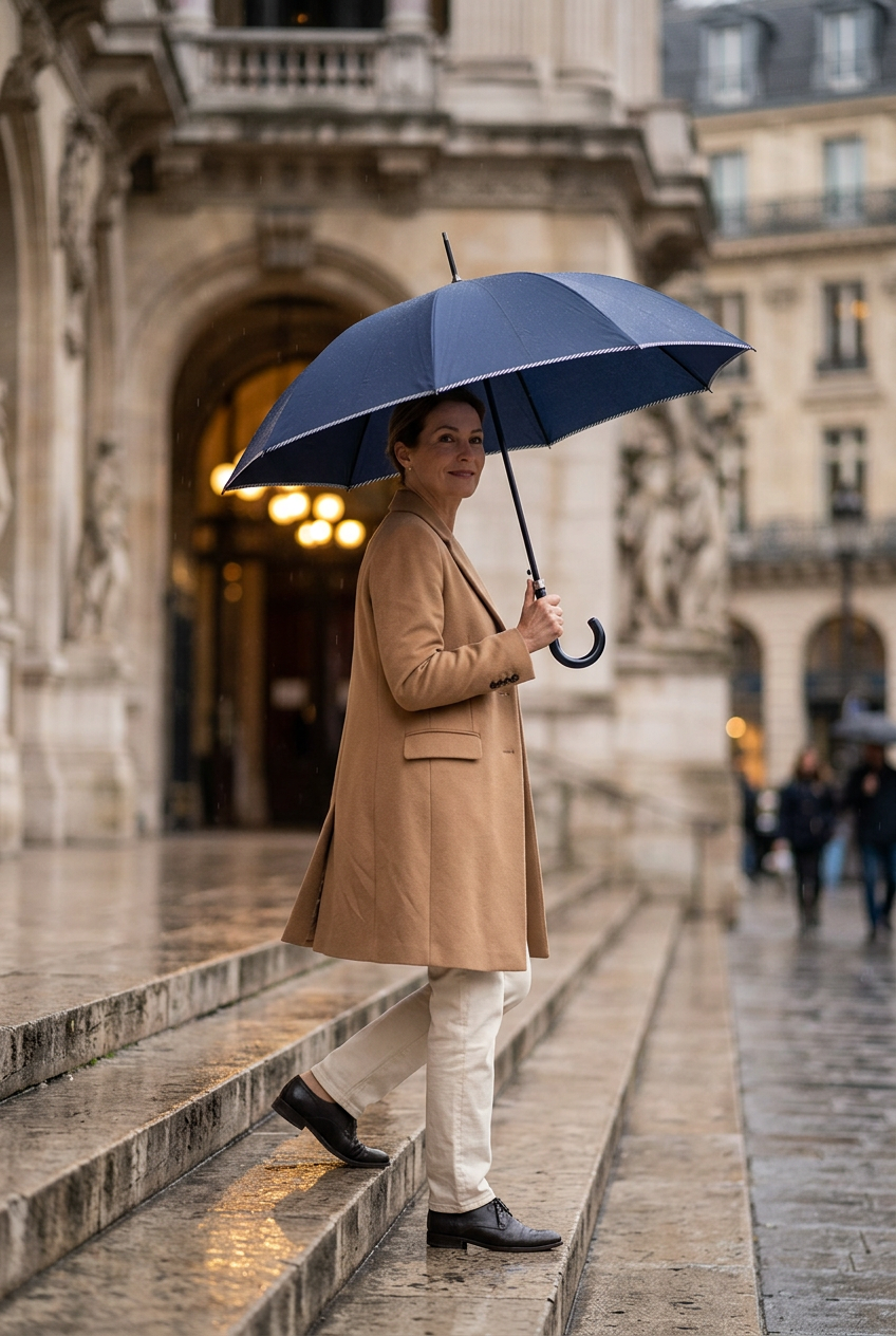 Femme descendant les marches d’un théâtre avec le parapluie marine