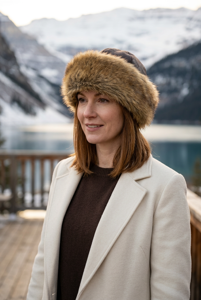 Femme élégante portant la toque fauve sur la terrasse d’un chalet