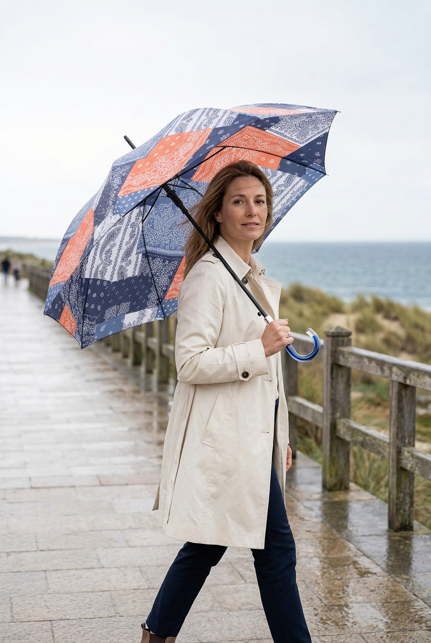 Femme en bord de mer tenant le parapluie à motifs bandana