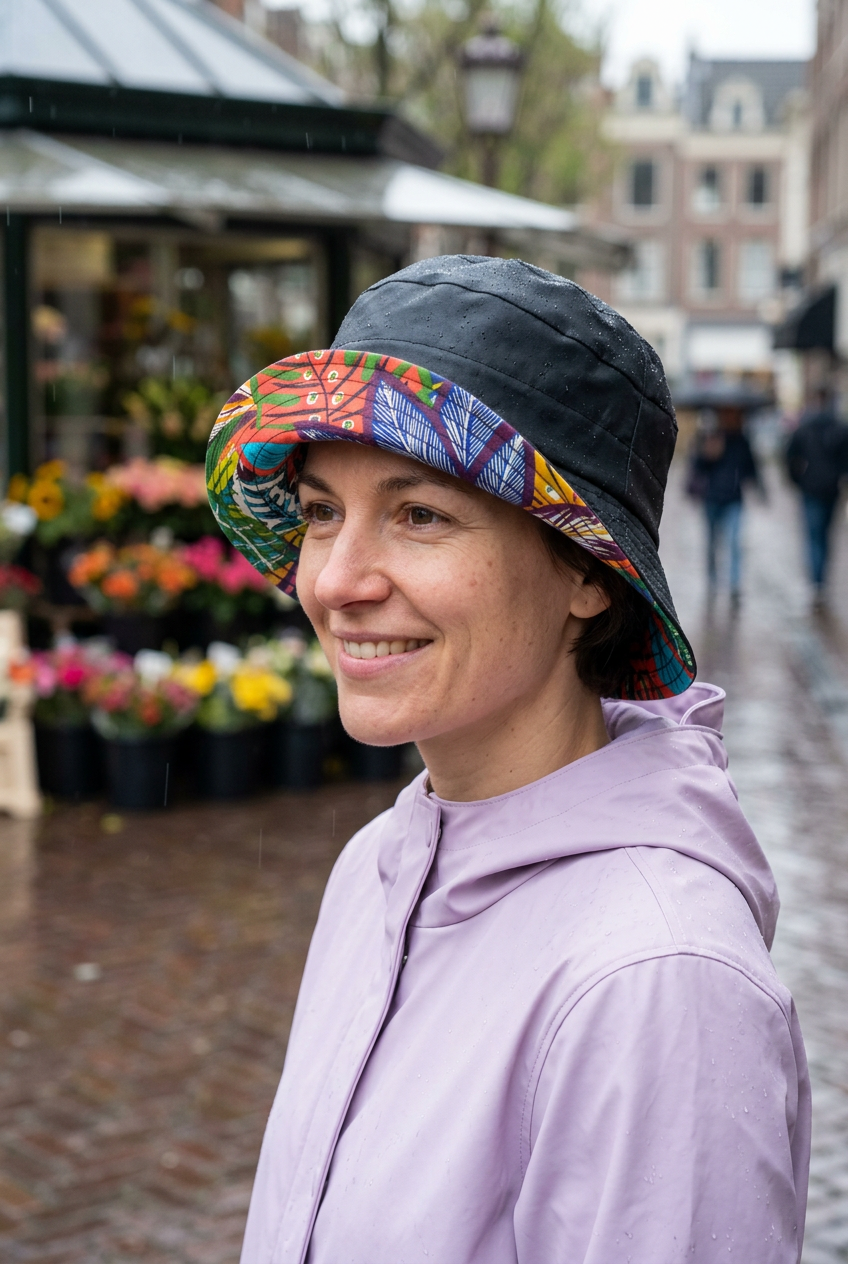 Femme en imperméable lilas portant le chapeau de pluie noir à bord relevé multicolore