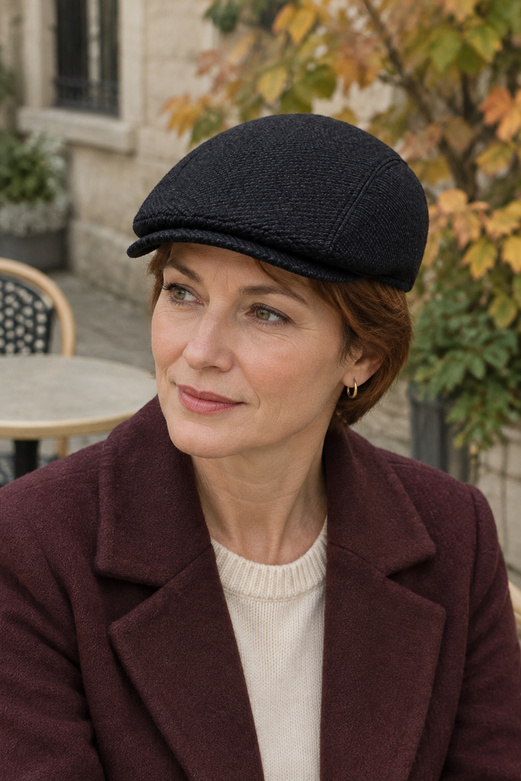 une femme portant une casquette cintrée chiné bleu et noir