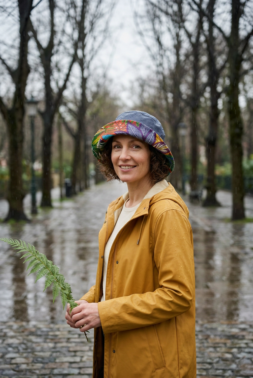 Femme en veste jaune moutarde portant le chapeau de pluie dans un parc sous la pluie