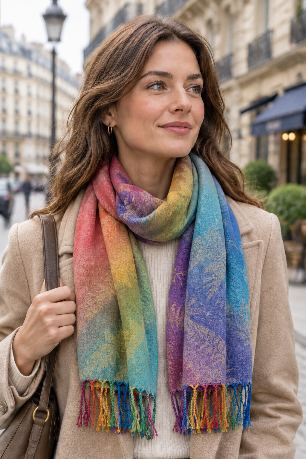 Femme en ville avec une écharpe multicolore en coton et viscose