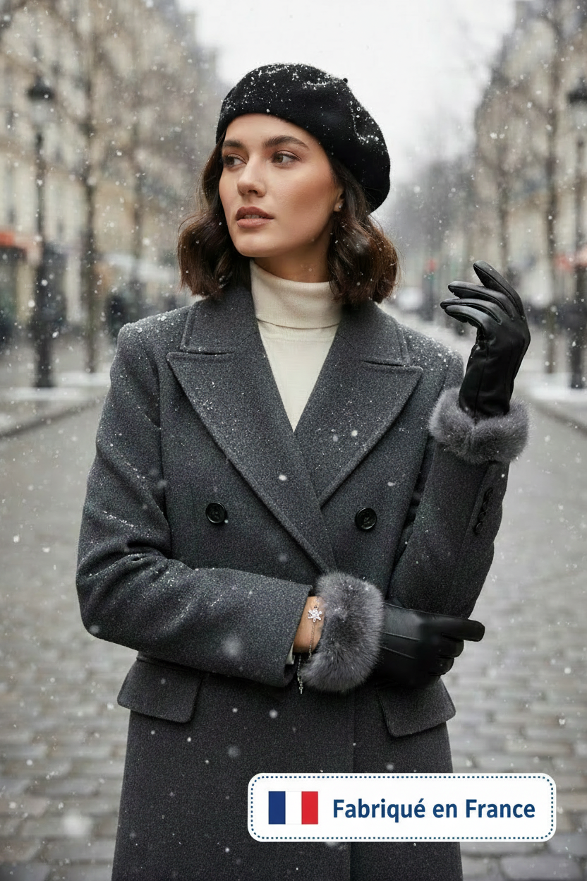 Femme hiver Paris gants en cuir not et manchette et doublure lapin gris avec banderole Fabriqué en France
