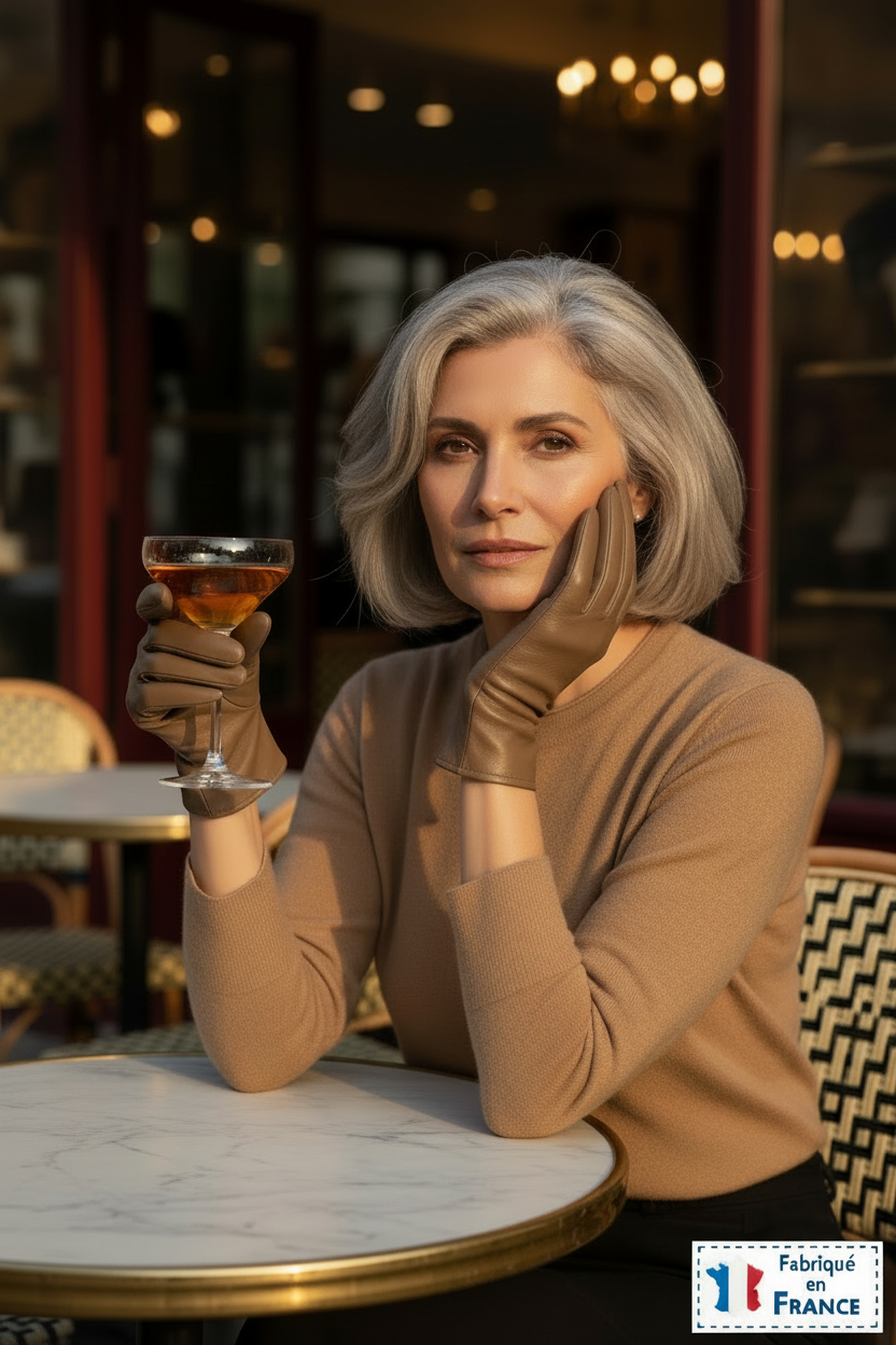 Femme élégante café cocktail gants biscuit badge Fabriqué en France