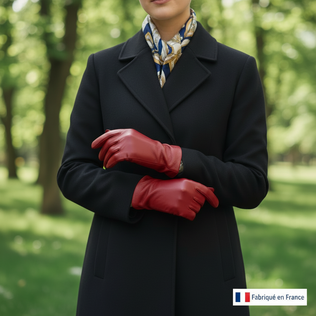 Femme manteau noir - gants rouges - nature - Fabriqué en France