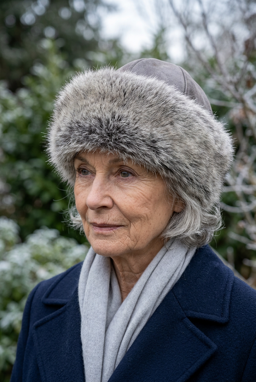 Femme âgée portant une toque en fourrure grise