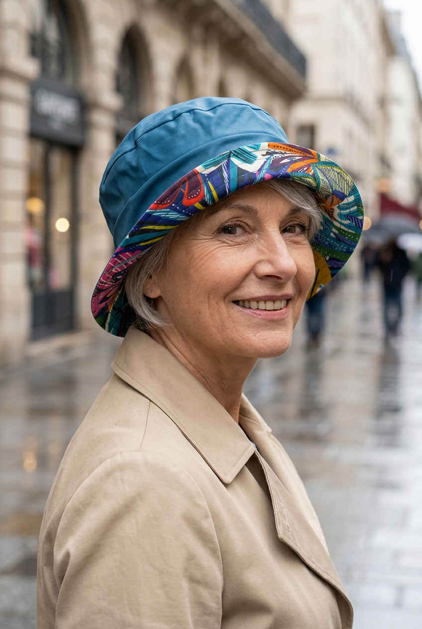 Femme mûre portant le chapeau de pluie bleu à bord multicolore