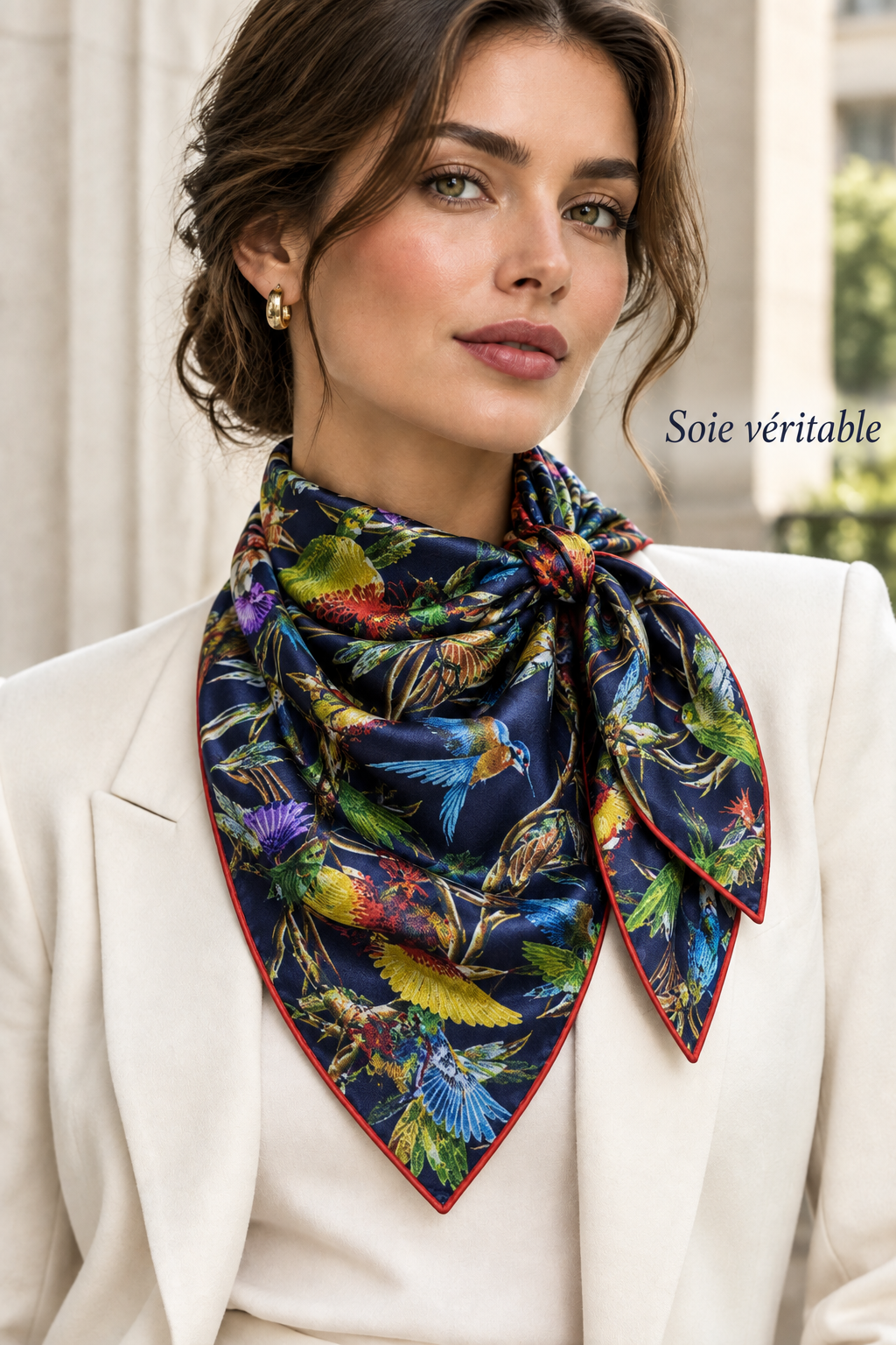 Femme portant un carré de soie au motif floraux et oiseaux sur fond bleu nuit