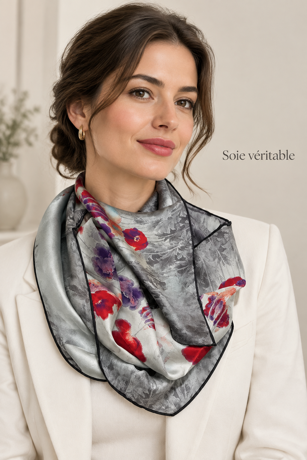Femme portant un carré en soie gris argenté au coquelicot rouge