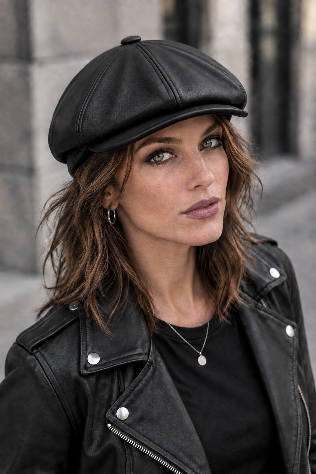 une jeune femme au look rock porte une casquette Hatteras en Cuir noir 
