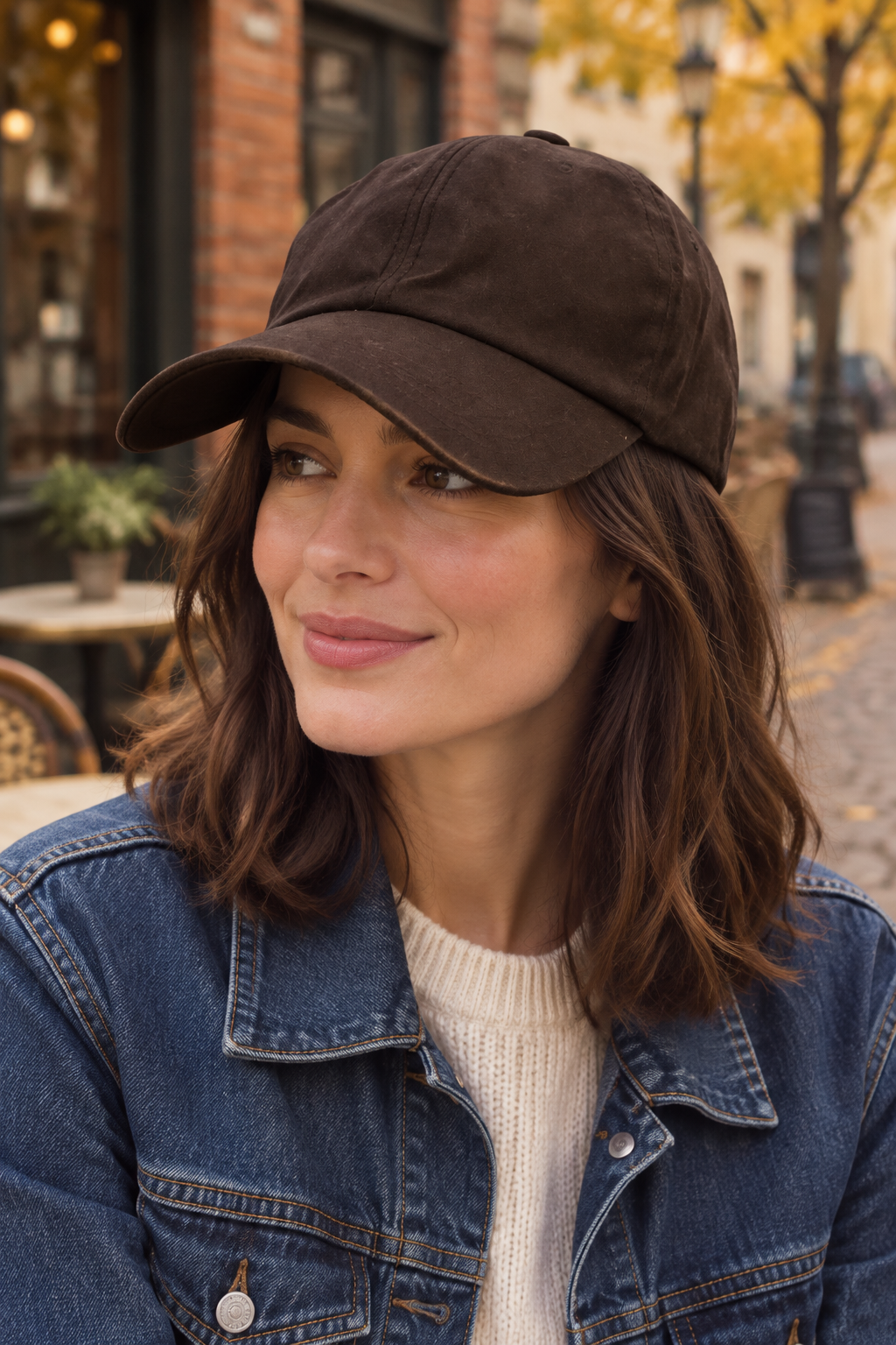 Femme portant la casquette baseball marron foncé en coton huilé