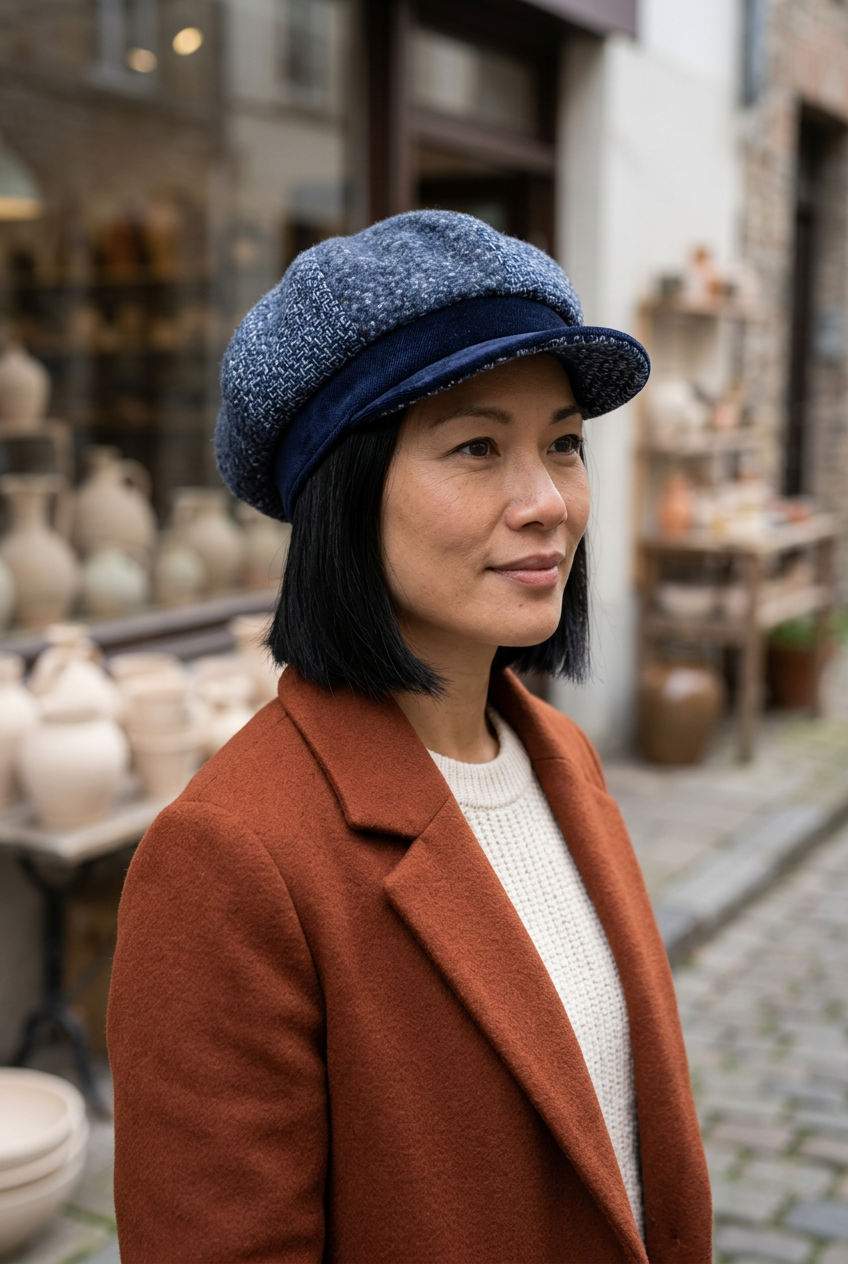 Femme portant la casquette gavroche bleu marine devant un atelier de céramique