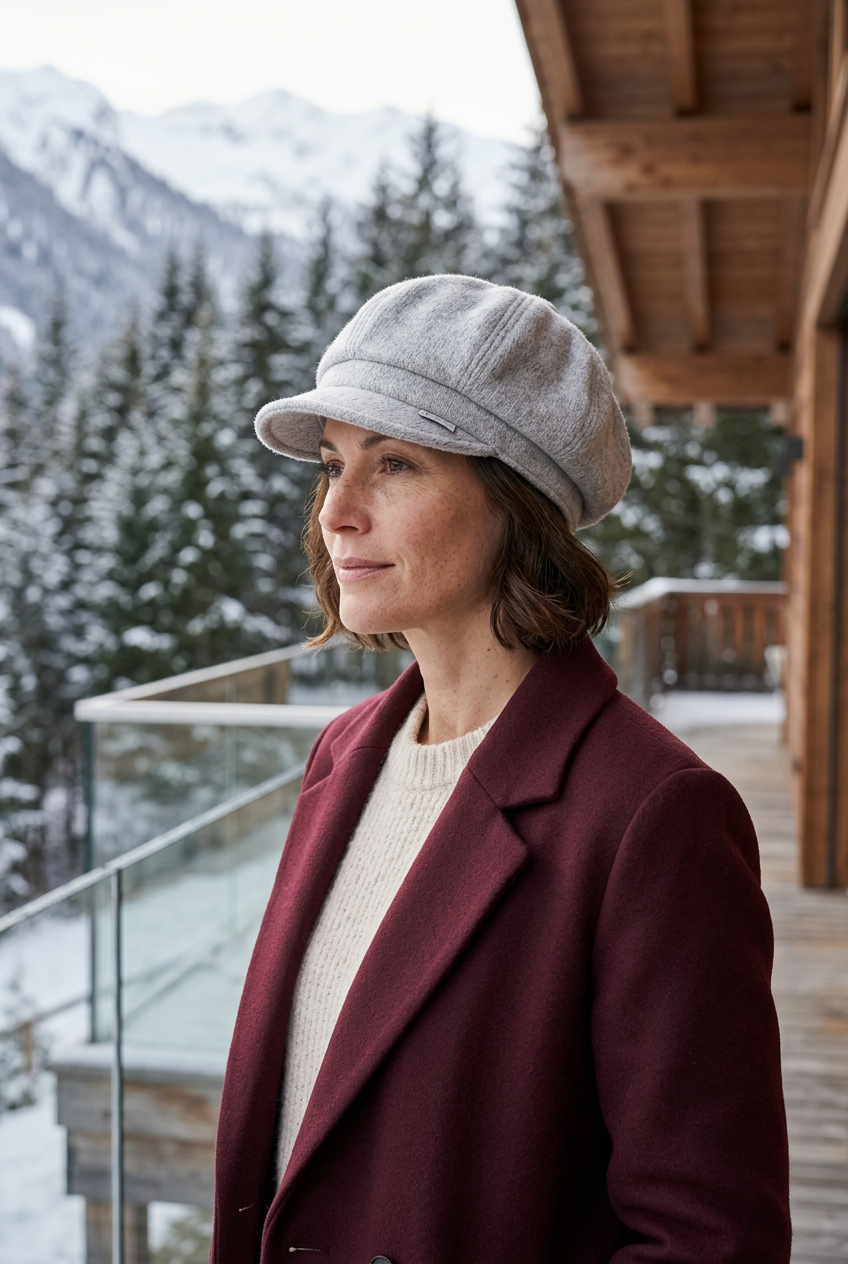 Femme portant la casquette gris clair dans un décor de montagne