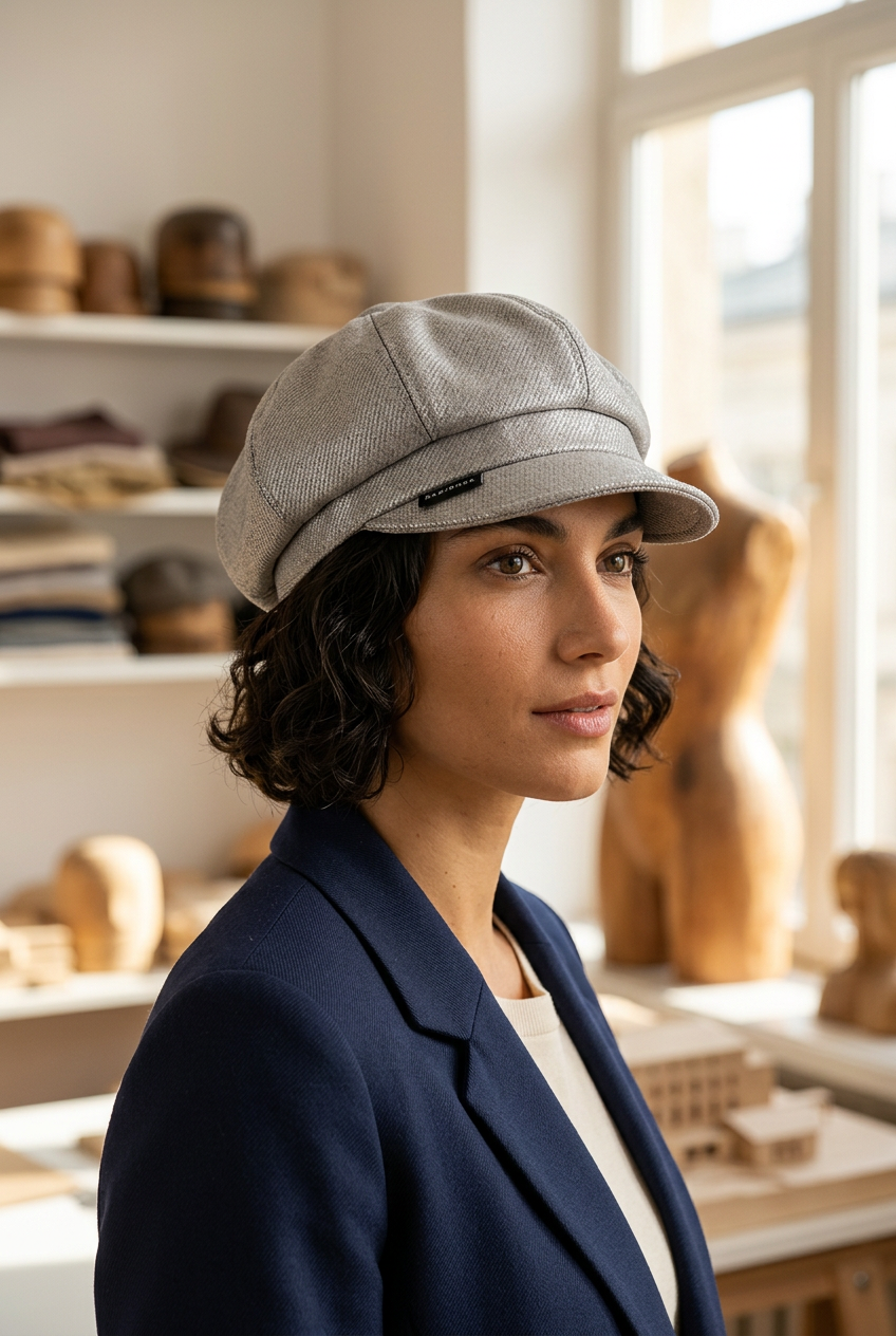 Femme portant la gavroche gris argenté dans un atelier lumineux