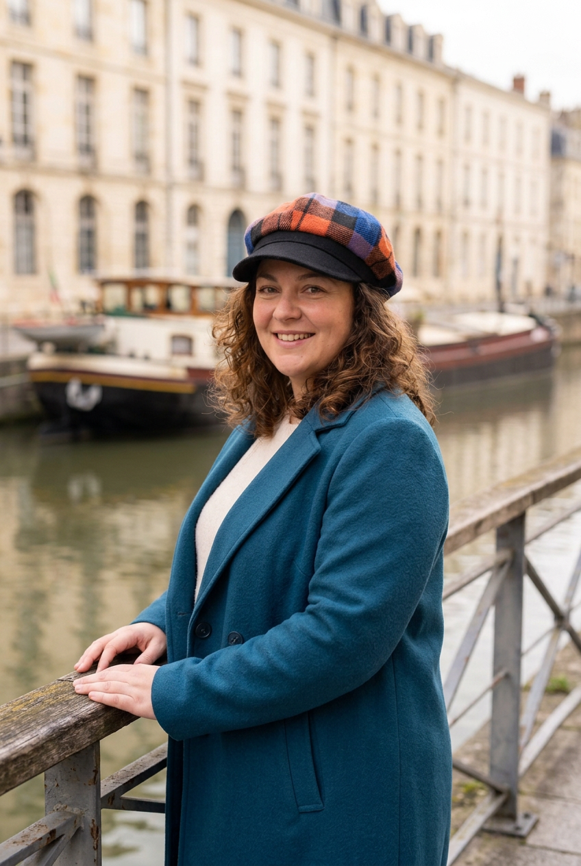 Femme portant la gavroche multicolore au bord d’un canal