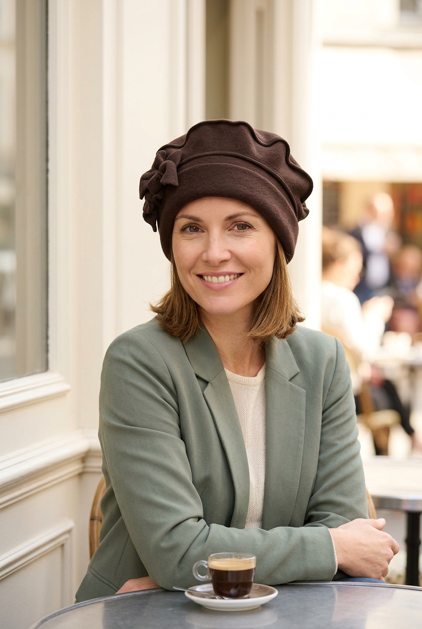 Femme portant le béret marron chocolat à la terrasse d’un café